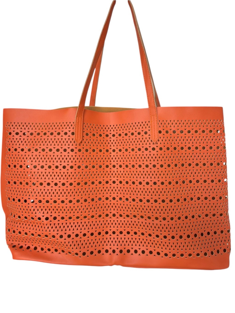 Saks Fifth Avenue Orange Geometric Perforated Lightweight Tote Bag Purse.